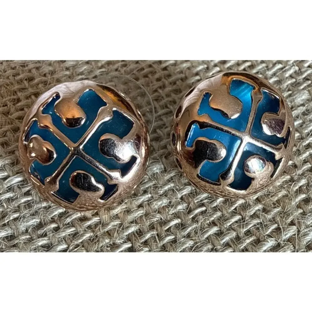Tory Burch Miller Stud Earrings – Rose Gold & Blue Enamel Logo Corporate